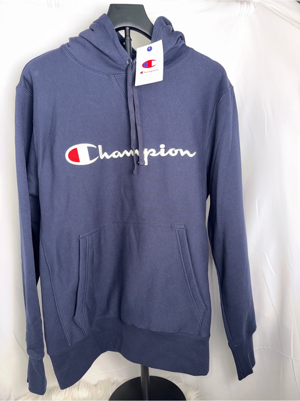 Champion Men's Navy Hoodie with Script Logo